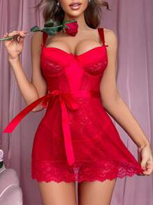 Contrast Lace Underwire Belted Slips With Thong - Red - View 5