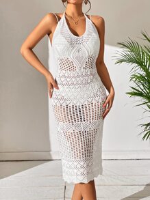 Hollow Out Backless Halter Cover Up Dress Without Bikini For Summer Beach Vacation - White - View 3