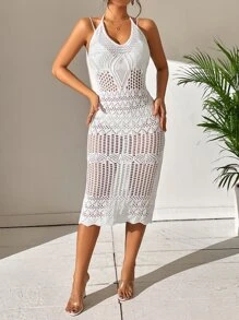 Hollow Out Backless Halter Cover Up Dress Without Bikini For Summer Beach Vacation - White - View 4