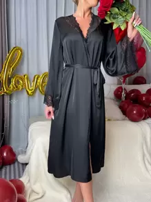 Contrast Lace Belted Satin Sleep Robe Luxeloungewear, Fall & Winter Cozy And Elegant - Black - View 3