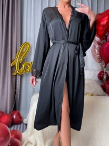 Contrast Lace Belted Satin Sleep Robe Luxeloungewear, Fall & Winter Cozy And Elegant - Black - View 4
