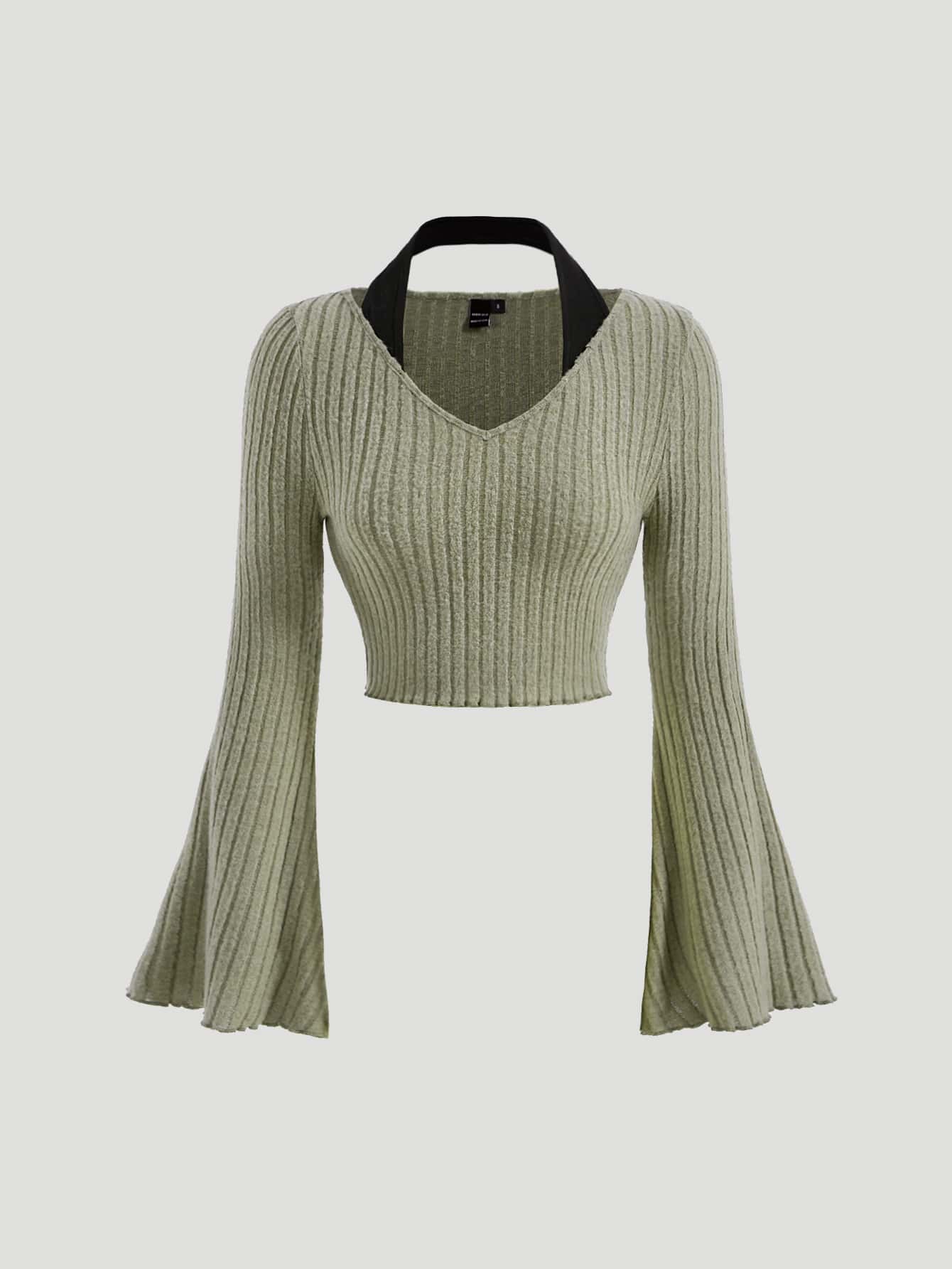 SHEIN MOD Spring 2 In 1 Black And Green Contrast Collar Bell Sleeve Crop Tee - Army Green - View 1