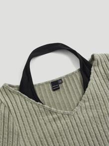 SHEIN MOD Spring 2 In 1 Black And Green Contrast Collar Bell Sleeve Crop Tee - Army Green - View 3