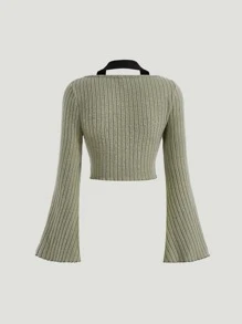 SHEIN MOD Spring 2 In 1 Black And Green Contrast Collar Bell Sleeve Crop Tee - Army Green - View 2