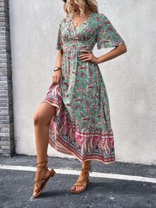 SHEIN VCAY 佩斯利印花蝴蝶袖荷叶边下摆连衣裙