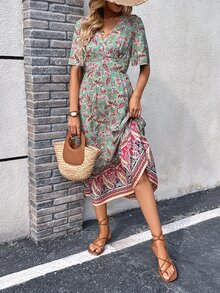 SHEIN VCAY 佩斯利印花蝴蝶袖荷叶边下摆连衣裙