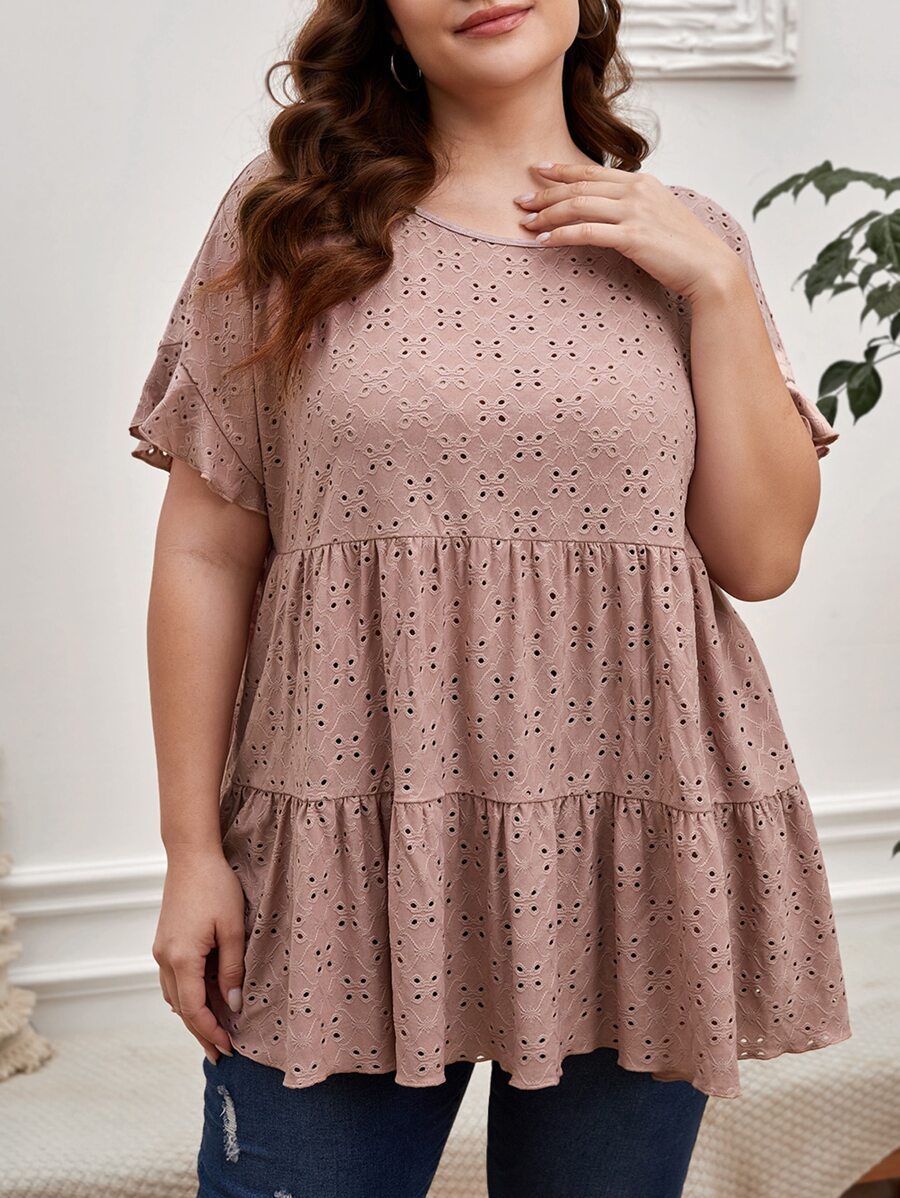 SHEIN LUNE Plus Eyelet Embroidery Ruffle Hem Tee - Dusty Pink - View 1