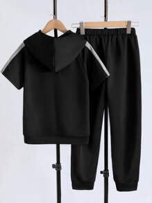 SHEIN Sudadera con capucha y pantalones deportivos para niño preadolescente con bolsillo canguro y mangas raglán de color bloqueado - Negro - Ver 2