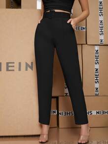 SHEIN BAE Zipper Fly Buckle Belted Tapered Trousers - Black - View 1