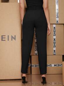SHEIN BAE Zipper Fly Buckle Belted Tapered Trousers - Black - View 2
