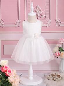Baby Appliques Floral Front Mesh Hem Dress - White - View 1