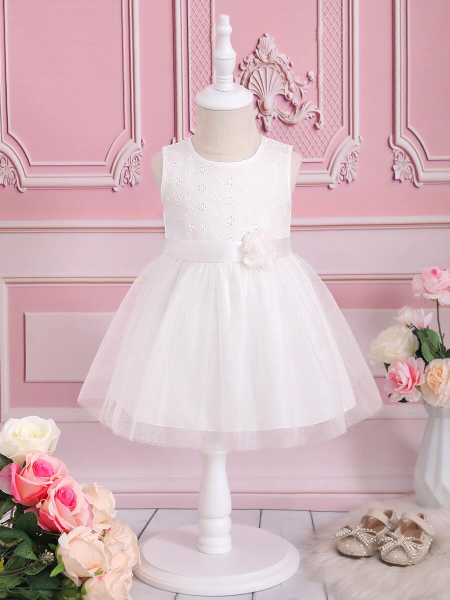 Baby Appliques Floral Front Mesh Hem Dress - White - View 1