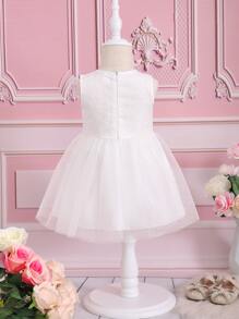 Baby Appliques Floral Front Mesh Hem Dress - White - View 2