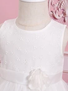 Baby Appliques Floral Front Mesh Hem Dress - White - View 4