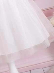 Baby Appliques Floral Front Mesh Hem Dress - White - View 6