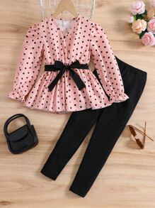 SHEIN Tween Girl Polka Dot Print Flounce Sleeve Peplum Top & Leggings - Multicolor - View 1