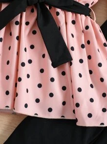 SHEIN Tween Girl Polka Dot Print Flounce Sleeve Peplum Top & Leggings - Multicolor - View 3