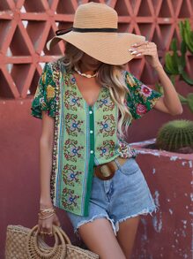 Aveloria Blusa con estampado floral con botón delantero de manga mariposa - Verde - Ver 2