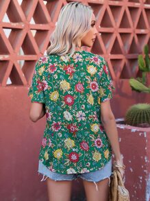 Aveloria Blusa con estampado floral con botón delantero de manga mariposa - Verde - Ver 3
