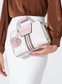 防水、輕盈、商務休閒、可折疊絨球和人造珍珠裝飾方形包適合青少年女大學生、菜鳥和白領，非常適合辦公室、大學、工作、商務、通勤 - 白色 - 查看 7