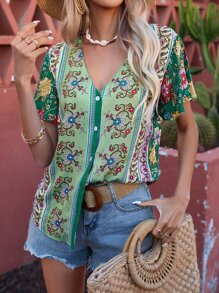 Aveloria Blusa con estampado floral con botón delantero de manga mariposa - Verde - Ver 1