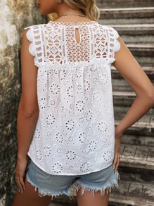 SHEIN Holidaya Áo sơ mi nữ Sò điệp Tranh thêu màu trơn Boho - trắng - Xem 2
