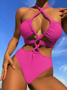 Lace Up Halter One Piece Swimsuit - Hot Pink - View 1