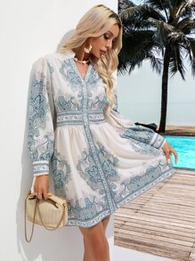 GENKIRA 印花前紐扣泡泡袖連衣裙 - 白色 - 查看 1