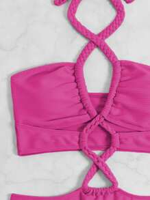 Lace Up Halter One Piece Swimsuit - Hot Pink - View 3