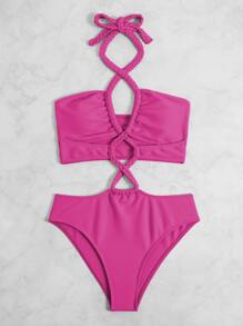 Lace Up Halter One Piece Swimsuit - Hot Pink - View 5