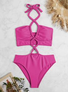 Lace Up Halter One Piece Swimsuit - Hot Pink - View 6