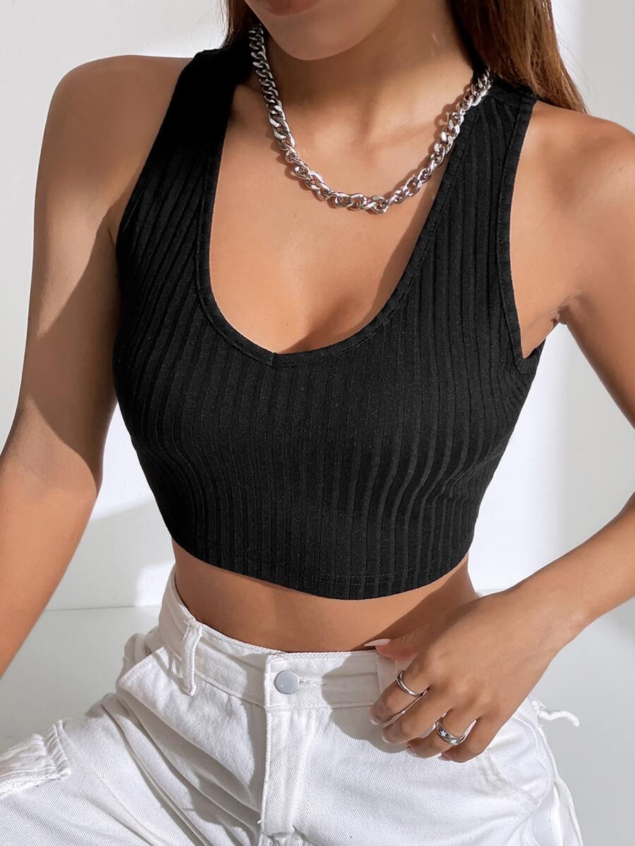 SHEIN EZwear Solid Crop Tank Top - Black - View 1