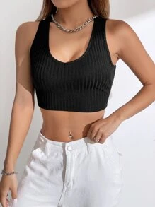 SHEIN EZwear Solid Crop Tank Top - Black - View 5