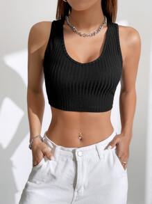 SHEIN EZwear Solid Crop Tank Top - Black - View 6