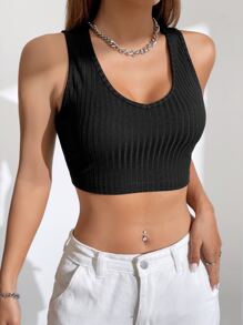 SHEIN EZwear Solid Crop Tank Top - Black - View 7