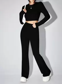 SHEIN EZwear Camiseta corta unicolor & Pantalones acampanados - Negro - Ver 1