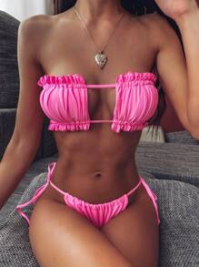 SHEIN Swim Set de bikini cu volan, cu garnitură cu volan, cu bandă în partea de sus și pe partea inferioară cu cravată, costum de baie 2 piese