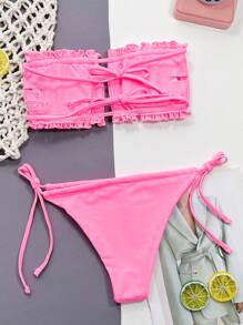 SHEIN Swim Set de bikini cu volan, cu garnitură cu volan, cu bandă în partea de sus și pe partea inferioară cu cravată, costum de baie 2 piese