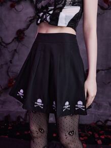 ROMWE Goth Skull Embroidery Pleated Skirt - Black - View 5