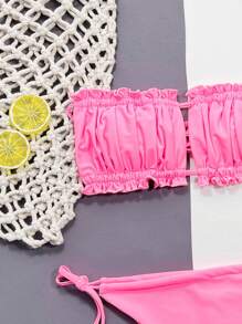 SHEIN Swim Set de bikini cu volan, cu garnitură cu volan, cu bandă în partea de sus și pe partea inferioară cu cravată, costum de baie 2 piese