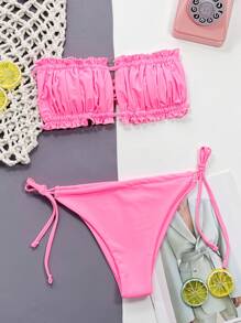 SHEIN Swim Set de bikini cu volan, cu garnitură cu volan, cu bandă în partea de sus și pe partea inferioară cu cravată, costum de baie 2 piese