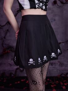 ROMWE Goth Skull Embroidery Pleated Skirt - Black - View 6