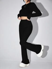 SHEIN EZwear Camiseta corta unicolor & Pantalones acampanados - Negro - Ver 5