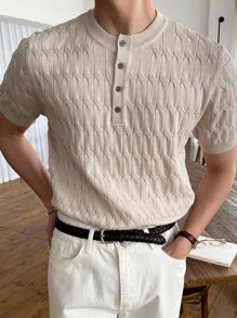 DAZY Men Half Button Cable Knit Top - Beige - View 1