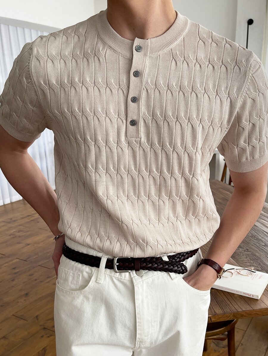 DAZY Men Half Button Cable Knit Top - Beige - View 1