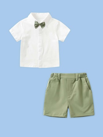 男嬰短袖套裝，夏季休閒風格，領結襯衫和短褲 2件套服裝