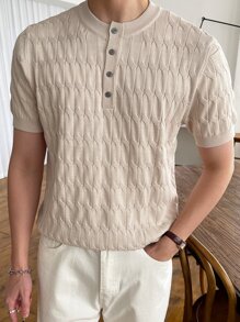 DAZY Men Half Button Cable Knit Top - Beige - View 3