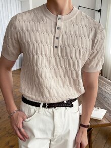 DAZY Men Half Button Cable Knit Top - Beige - View 4