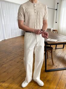 DAZY Men Half Button Cable Knit Top - Beige - View 8