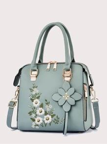 Yogodlns Elegant Old Money Large Capacity, Lightweight, Portable Casual, Fashion Elegant Floral Pattern Handbag, Women's Fashion Artificial Leather Shoulder Bag, Double Handle Purse Floral Embroidery Square Bag With Floral Bag Charm, Mother's Day Gift For Mom For Girls, Women, College Students, Rookies & White-Collar Workers For Fall, Winter Essential, For Work, Office, Commute, College, For Autumn & Winter, Outdoors Women's Elegant Embroidered Tote Bag, Faux Leather Satchel Bag, Classic Zipper Shoulder BagBusiness Casual,Classic,CasualPerfect For Office,Work ,Business,Commute - Mint Green - View 1